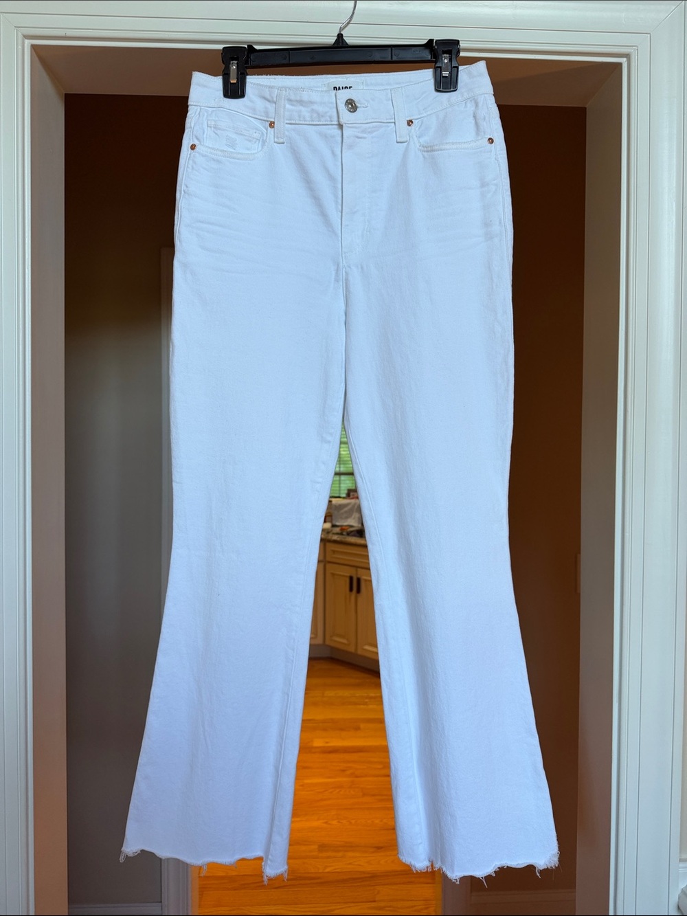 NWT PAIGE White Flare Jeans with Raw Hem